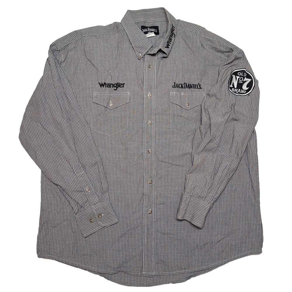 Wrangler Jack Daniels Shirt Mens XL Grey Plaid Western Long Sleeve Excellent